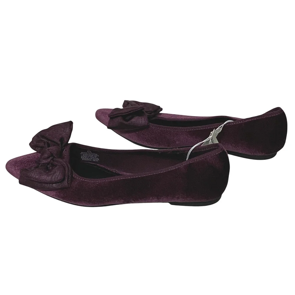 Old Navy Women Velvet Pointy Toe Flats Raisin Arizona Purple Bow Sz 8.5 Coquette